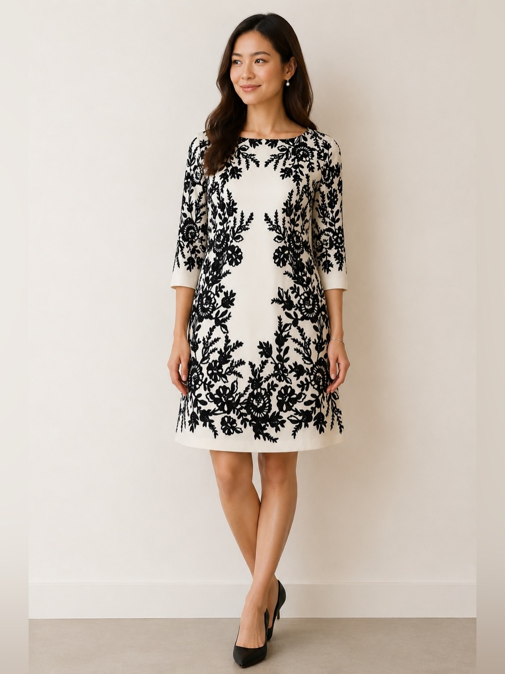 Eliza J Black Floral Embroidered Ivory Long-Sleeve Shift Dress